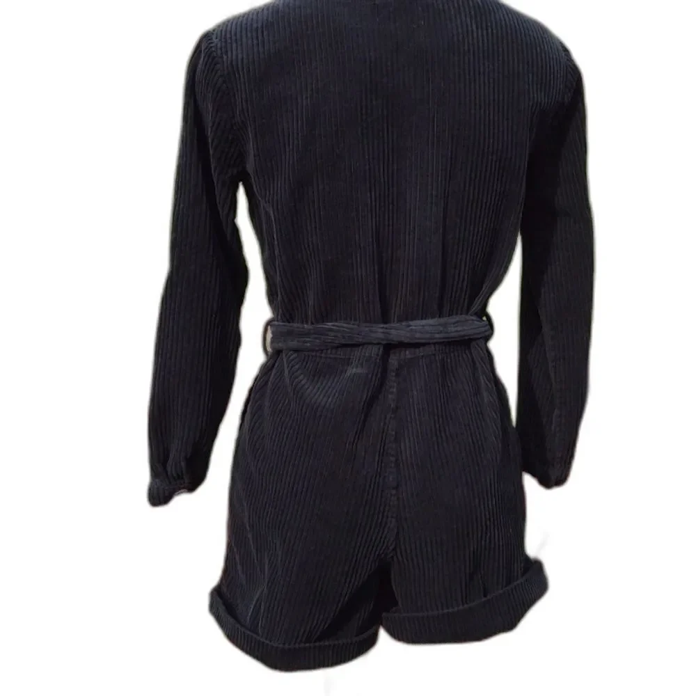 Zara Black Corduroy Long Sleeve Collared Romper with Belt Size 13-14
